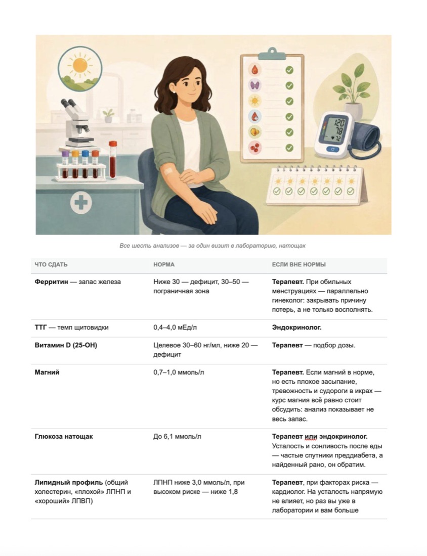 Страница пособия: список анализов с нормами